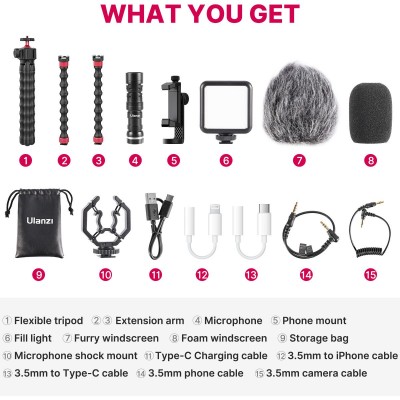 Octopus Vlog Kit: Tripod Phone Holder Mic/Lamp